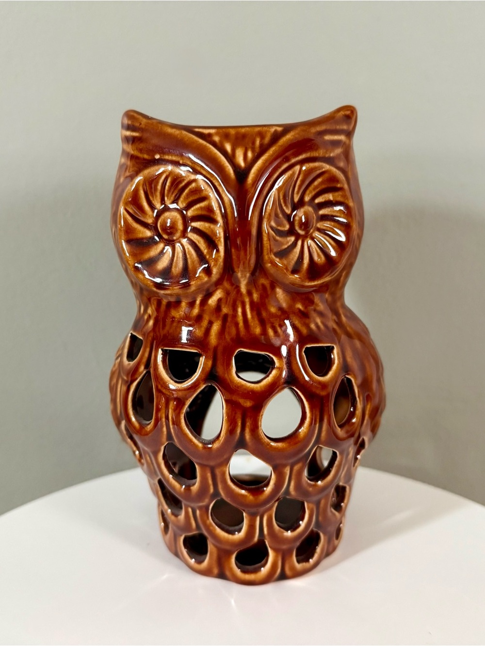 Pier 1 Brown Glazed Ceramic Owl Oil Warmer Candle Holder Votive Lantern
